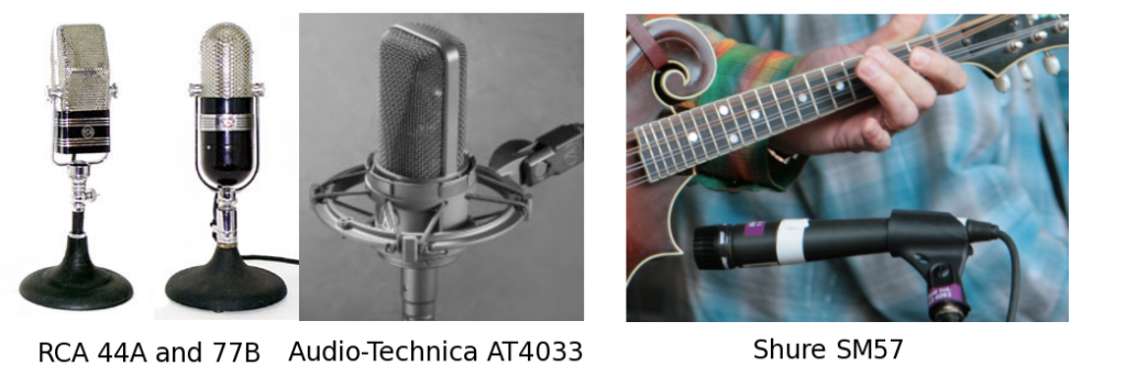 Figure 2: RCA 44A and 77B (ribbon mikes), the modern AT4033 (condenser) with shockmount, and the Shure SM57 (dynamic).